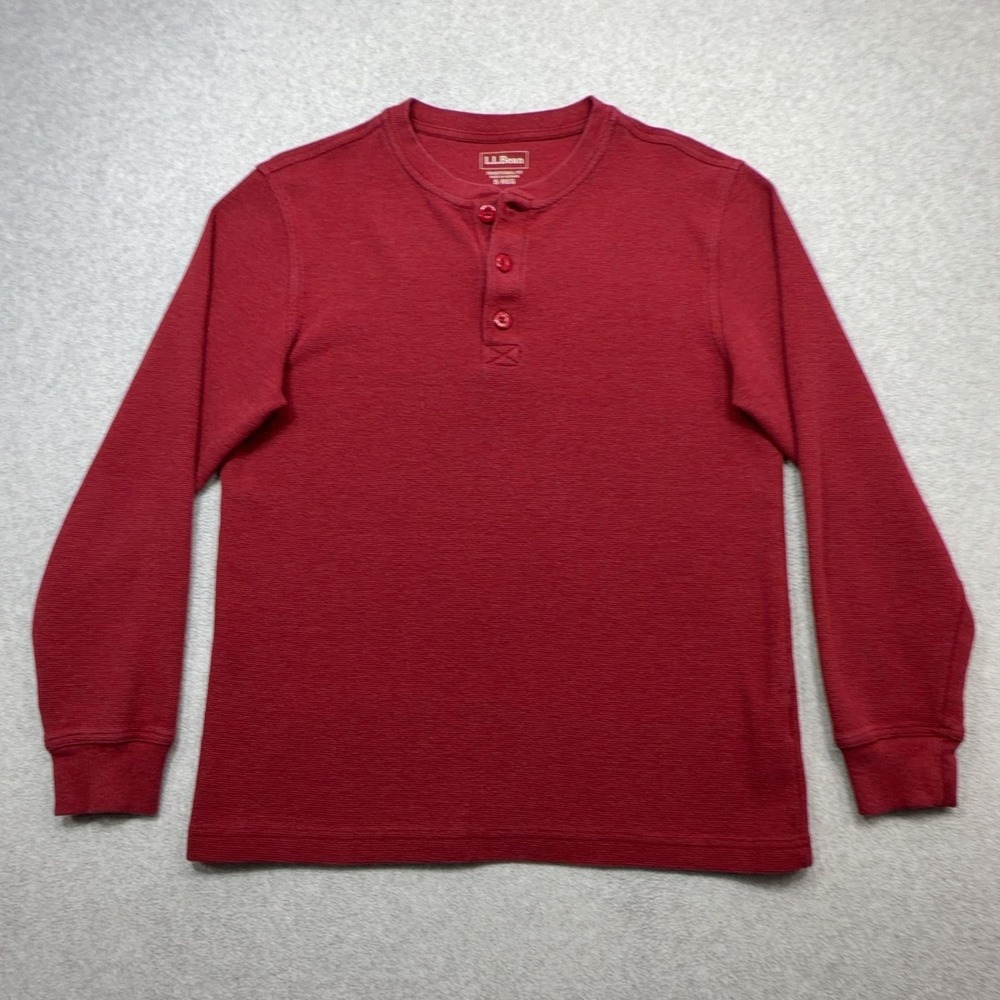 LL Bean Mini Waffle Henley Shirt Mens Small Red Long Sleeve Thermal Cotton